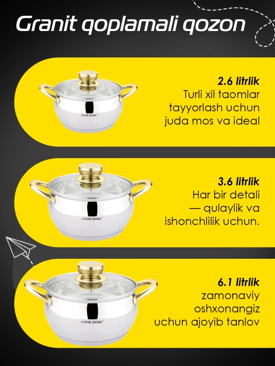 Набор кастрюль Cook More, нержавейка, индукция, стеклянные крышки