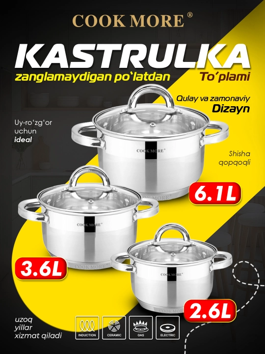 Kostryulkalar to‘plami Cook More, zanglamaydigan po‘lat, induksiya, shisha qopqoqlar - 