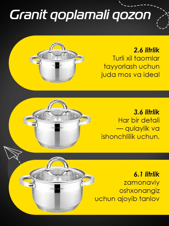 Набор кастрюль Cook More, нержавейка, индукция, стеклянные крышки