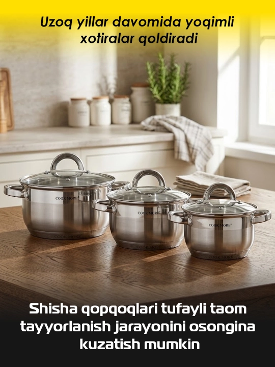 Набор кастрюль Cook More, нержавейка, индукция, стеклянные крышки