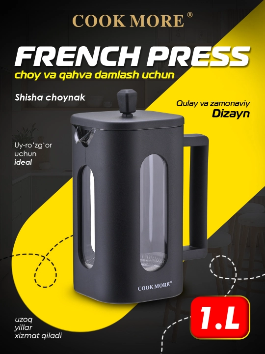 Cook More shisha choynak French Press, 1 litr – choy va qahva damlash uchun - 