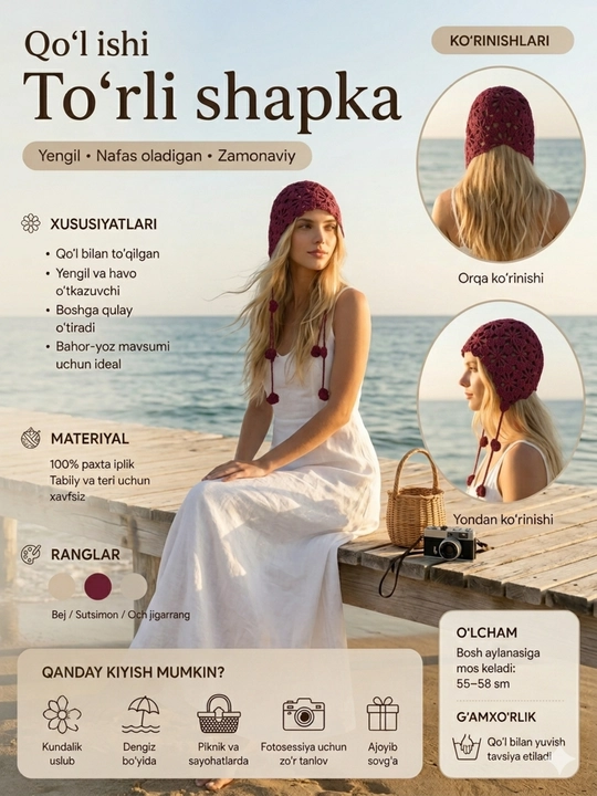 Летняя вязаная шапка, бини, косынка, для пляжа - 