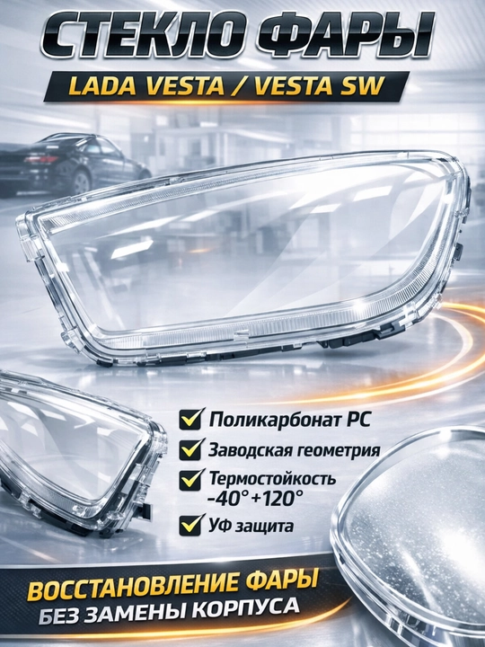 Стекло передней фары Vesta,Стекло фары LADA Vesta передне,Переднее стекло фары Vesta