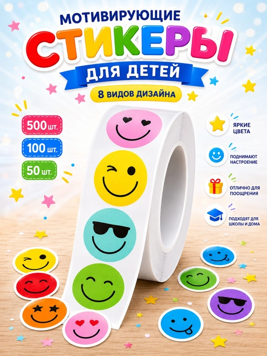 Rag‘batlantiruvchi stikerlar, smayliklar, rulonli 500/100/50 dona - 