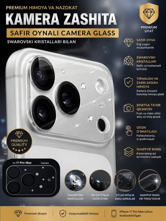 IPhone uchun kamera himoya oynasi (Camera Glass), safir oyna, Swarovski kristallari bilan - 