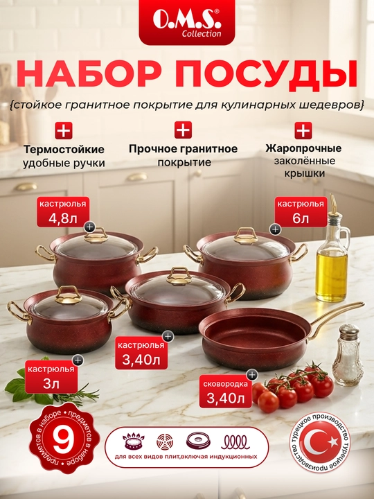 Кастрюля O.M.S 3045 Granit Ultra, 9 частей, 3/3/3,4/4,8/6,0 л (Турция) - 