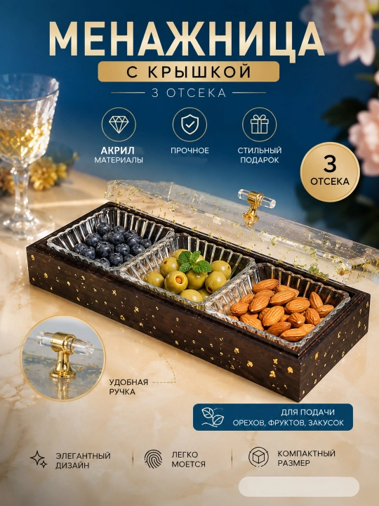 Менажница с крышкой на 3/4 секции – контейнер для сладостей, орехов, сухофруктов и закусок - 