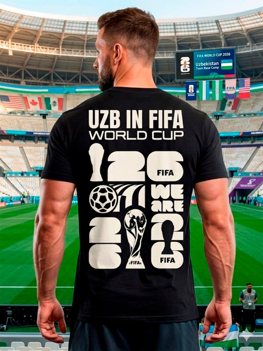 Футболка мужская спортивная, черная с принтом хлопковая UZB IN FIFA - 