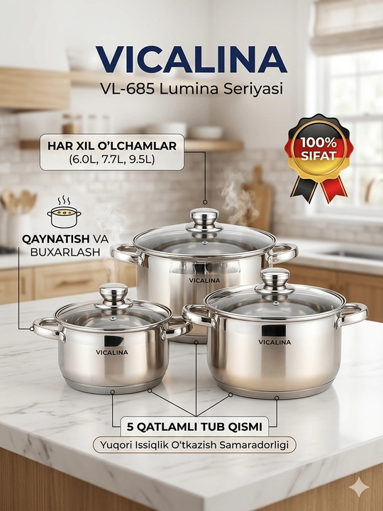 Vicalina кастрюльVL-685 Lumina Seriyasi — Oshxonangiz uchun mukammal qozonlar toʻplami! - 