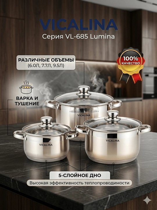 Vicalina кастрюльVL-685 Lumina Seriyasi — Oshxonangiz uchun mukammal qozonlar toʻplami!