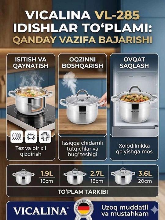 Vicalina кастрюльVL-685 Lumina Seriyasi — Oshxonangiz uchun mukammal qozonlar toʻplami!
