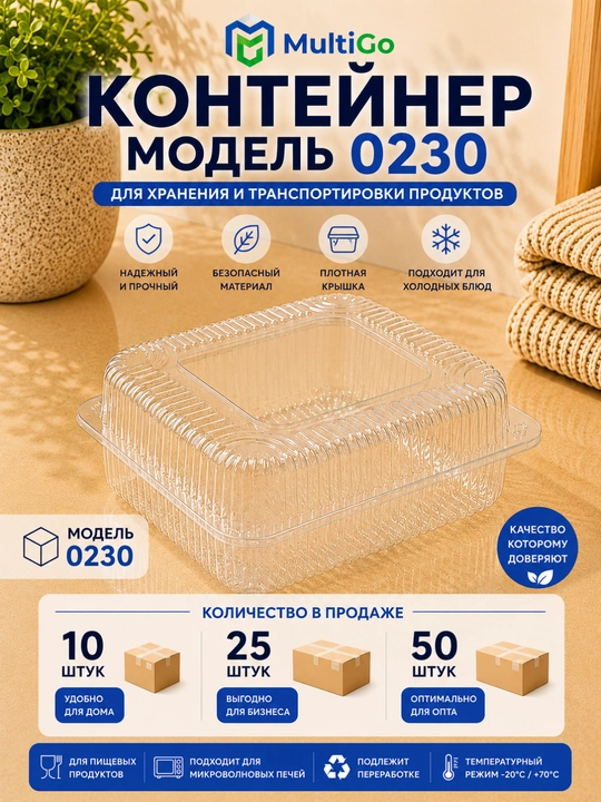 Контейнер пластиковый одноразовый MultiGo для хранения и транспортировки продуктов - 