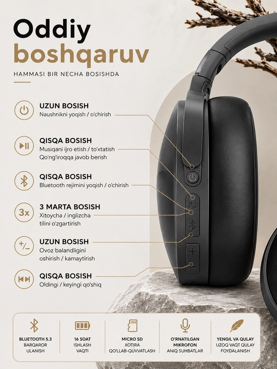 Simli va simsiz Bluetooth quloqchin WIR Wireless P2961, 40mm driver mikrofonli sport uchun
