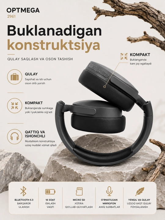 Simli va simsiz Bluetooth quloqchin WIR Wireless P2961, 40mm driver mikrofonli sport uchun