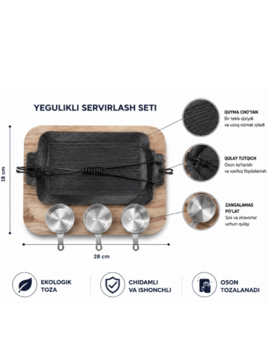 Steyk, gusht, baliq va sabzavodlar uchun yog'och taglikli cho'yan tova