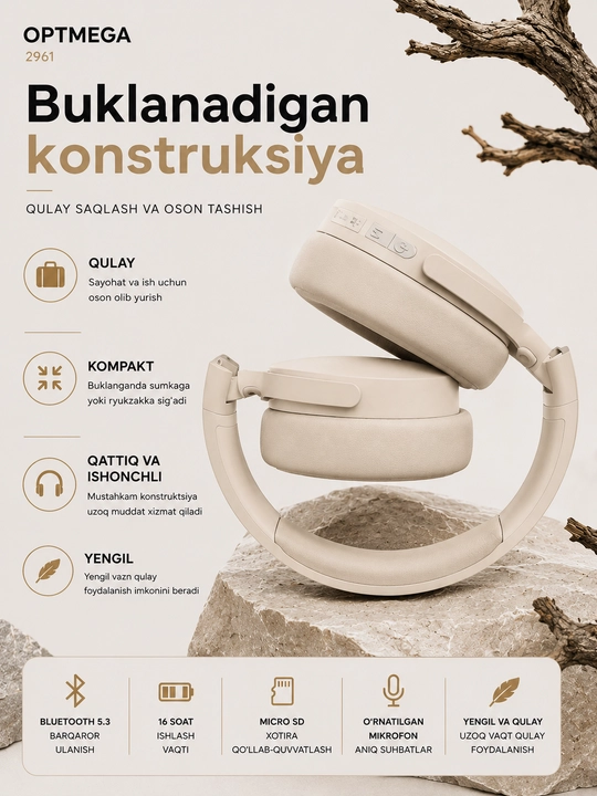 Simli va simsiz Bluetooth quloqchin WIR Wireless P2961, 40mm driver mikrofonli sport uchun
