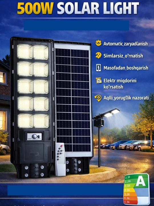 Quyosh energiyasida ishlaydigan 300W-400W-500W LED proyektor chiroq, pult va IP66 himoya