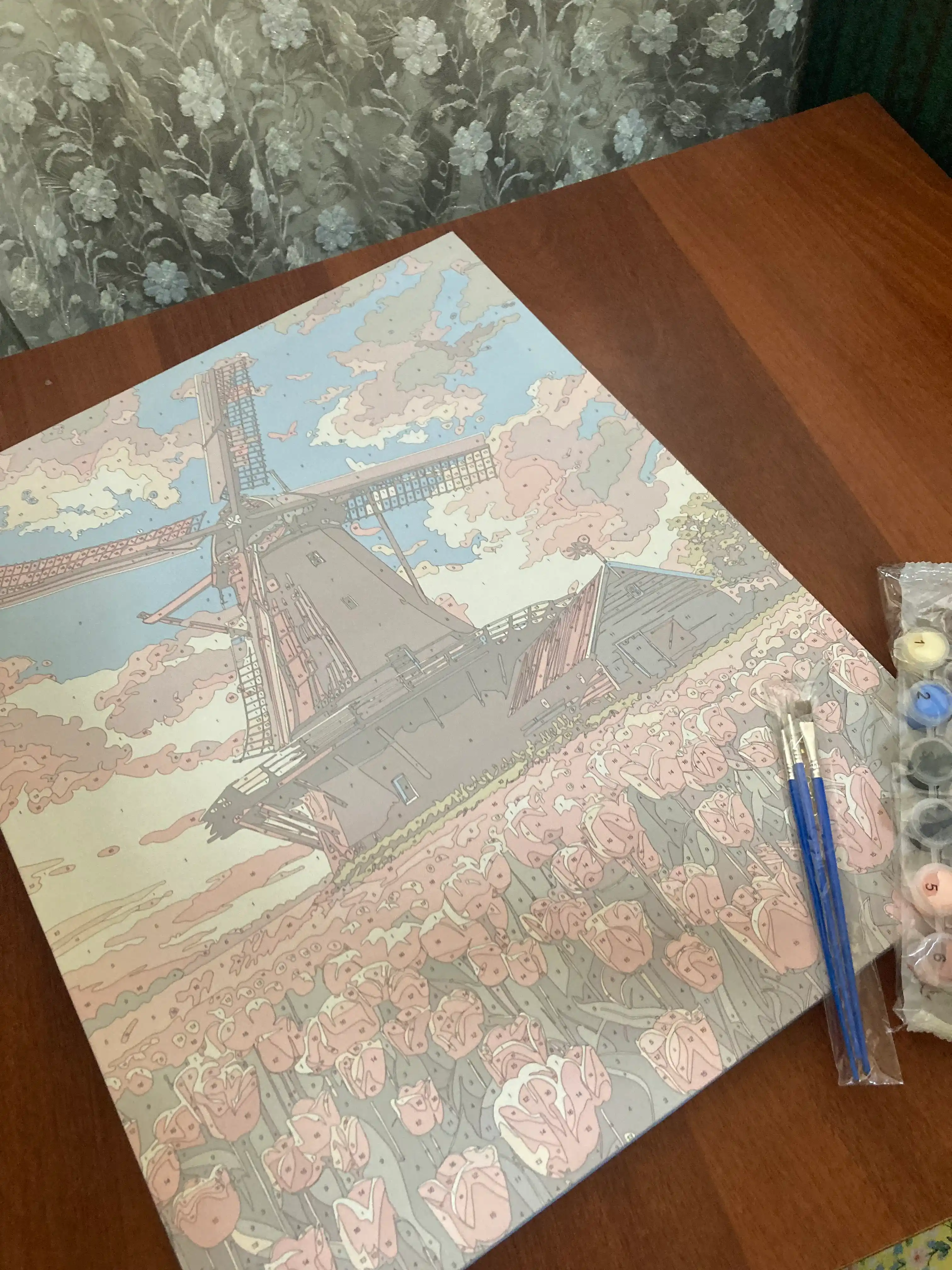 Raqamlar bo'yicha rasm "Tabiyat va Gullar", asosli ramkaga tortilgan, 40 * 50 sm