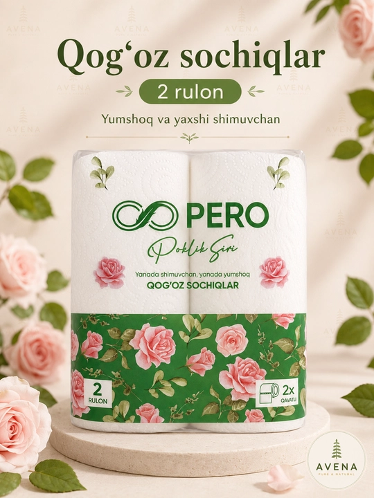 PERO qog'oz sochiqlar — yumshoq va shimuvchan, atirgul dizayn, 2 rulon 