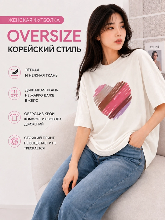 Ayollar futbolkasi, printli, keng fason, M-XL