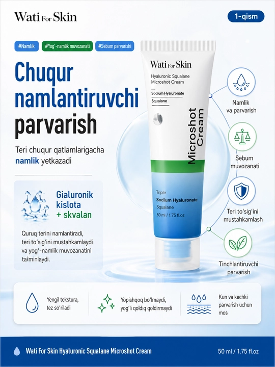 Крем для лица Wati for Skin с гиалуроновой кислотой скваланом, технологией микропикул 50мл
