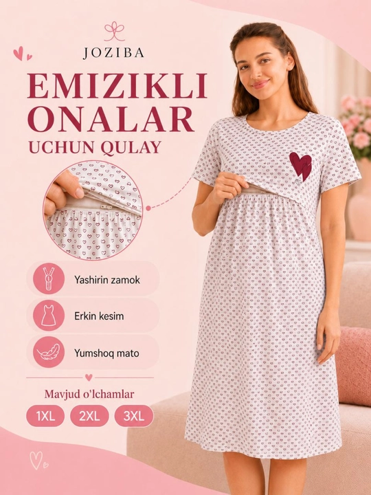 Homilador va emizikli ayollar uchun ko‘ylak, roddom va uy uchun qulay, yashirin zamokli - 
