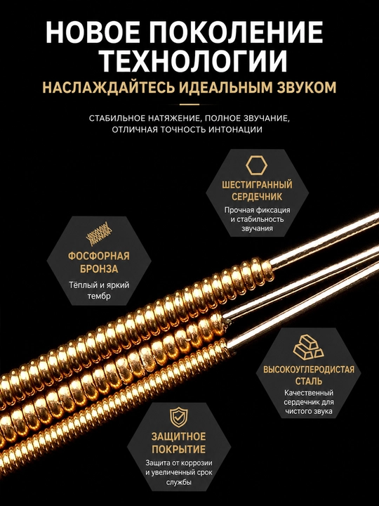 Комплект струн для акустической гитары 6 штук, фосфорная бронза, антикоррозийные