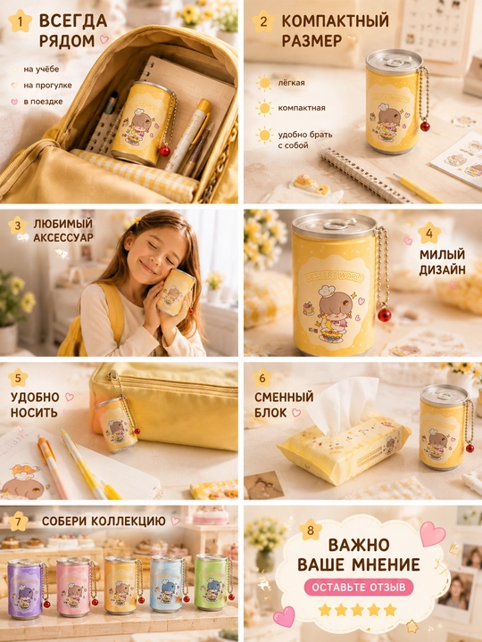 Влажные салфетки в банке-брелоке Dessert World, 30 шт