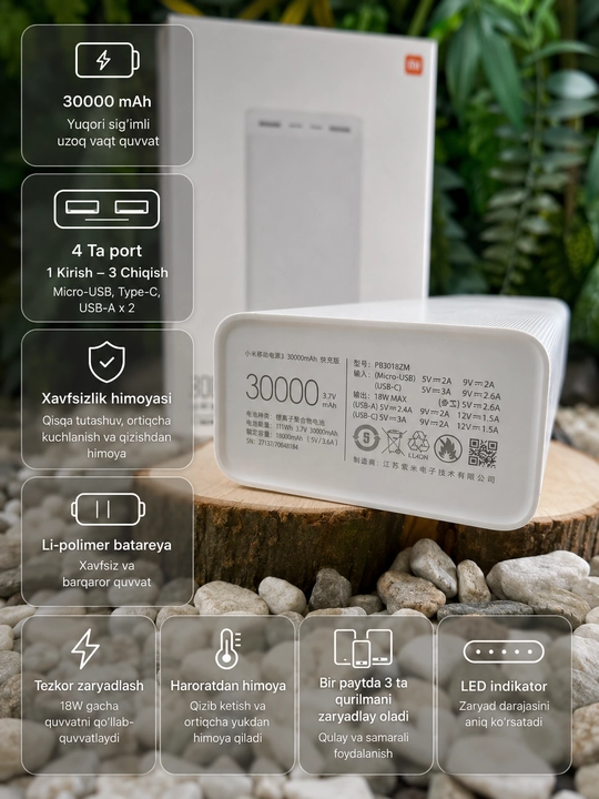 Xiaomi Power Bank 30000 mAh, 18W Fast Charge, tashqi akkumulyator, oq