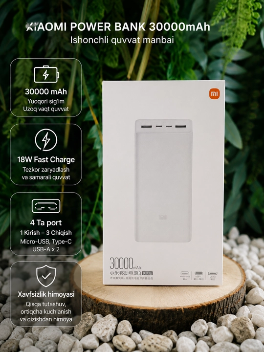 Xiaomi Power Bank 30000 mAh, 18W Fast Charge, tashqi akkumulyator, oq