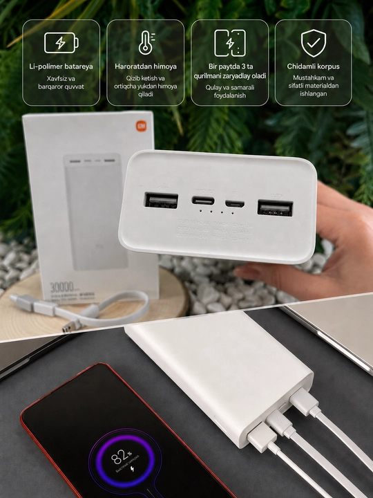 Xiaomi Power Bank 30000 mAh, 18W Fast Charge, tashqi akkumulyator, oq