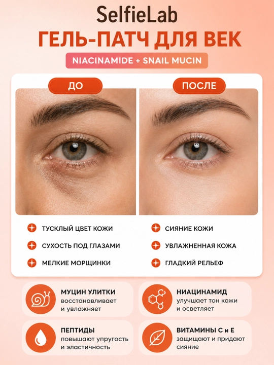Гель-патч для век SelfieLab Niacinamide + Snail mucin, 15 г