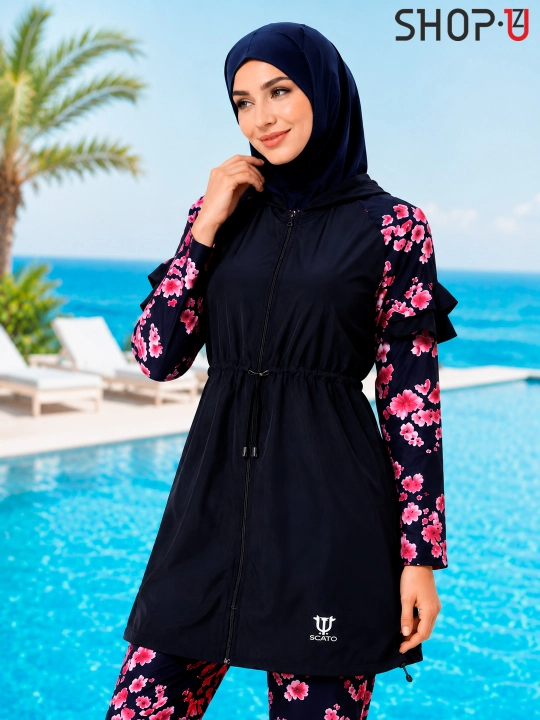 SCATO ayollar uchun musulmoncha suzish kiyimi, hijobli burkini, yopiq suzish kiyimi