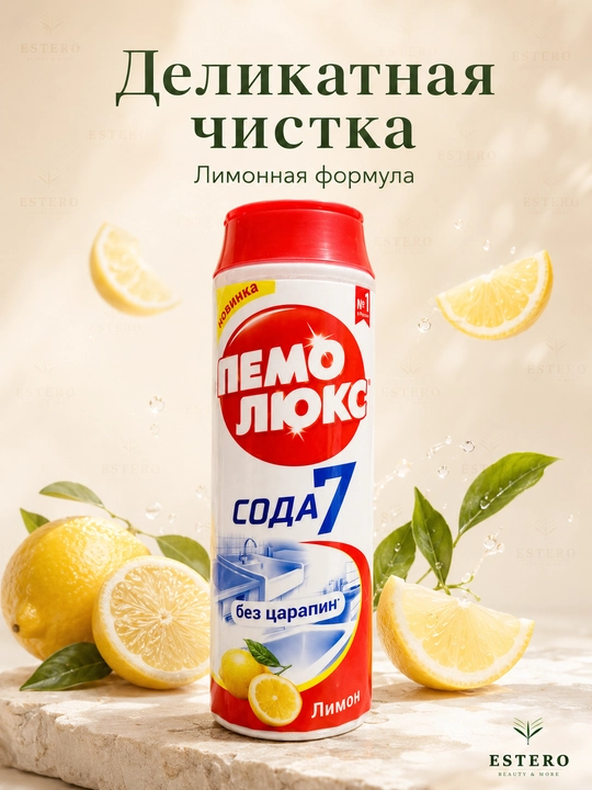 Pemolux Soda 7 tozalagich kukuni — limon hidli, tirnash qoldirmaydi 480 gr