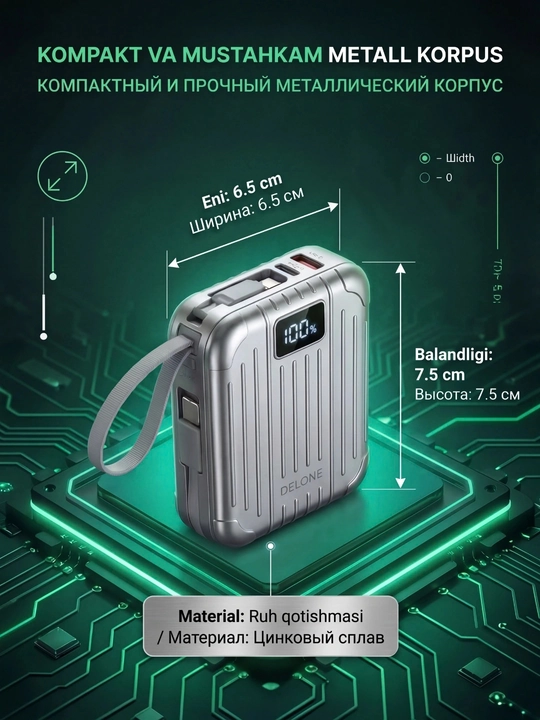 DELONE Zing Power Bank 10800mAh – Fast Charge,LCD Displey, Type-C/Lightning,Kompakt Dizayn