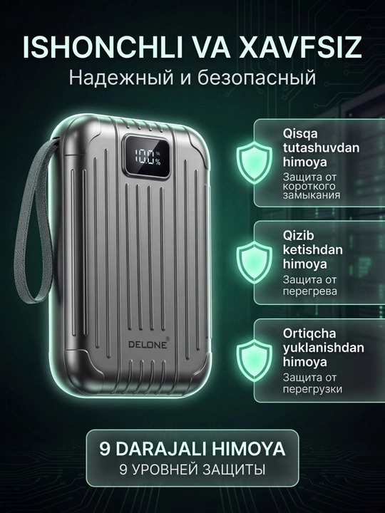 DELONE Zing Power Bank 10800mAh – Fast Charge,LCD Displey, Type-C/Lightning,Kompakt Dizayn