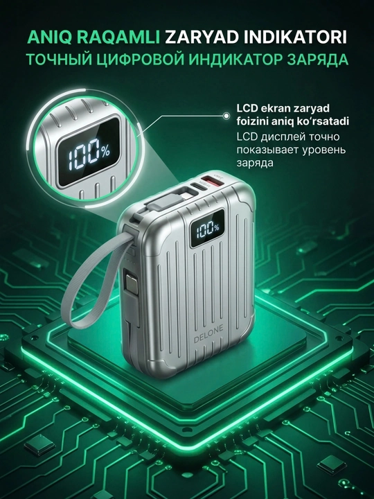 DELONE Zing Power Bank 10800mAh – Fast Charge,LCD Displey, Type-C/Lightning,Kompakt Dizayn