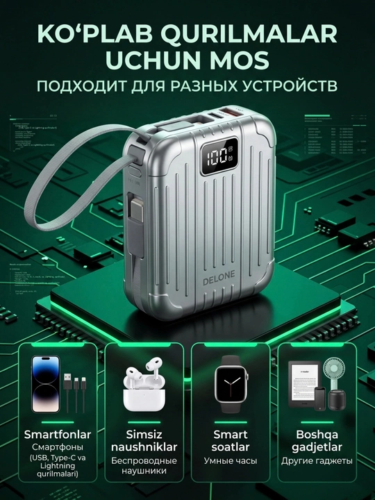 DELONE Zing Power Bank 10800mAh – Fast Charge,LCD Displey, Type-C/Lightning,Kompakt Dizayn