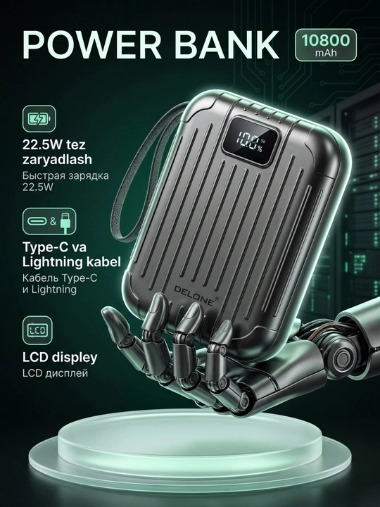 DELONE Zing Power Bank 10800mAh – Fast Charge,LCD Displey, Type-C/Lightning,Kompakt Dizayn