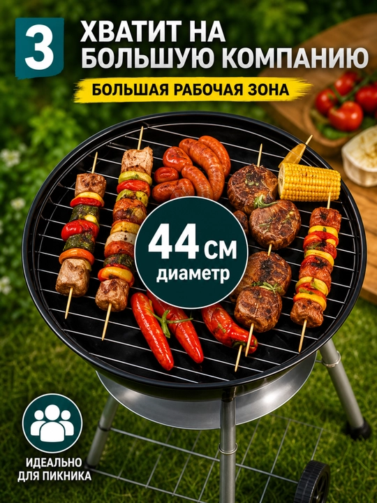 Гриль угольный AIKO, магнал, барбекю, уличный, с термомитром, на колесах, переносной