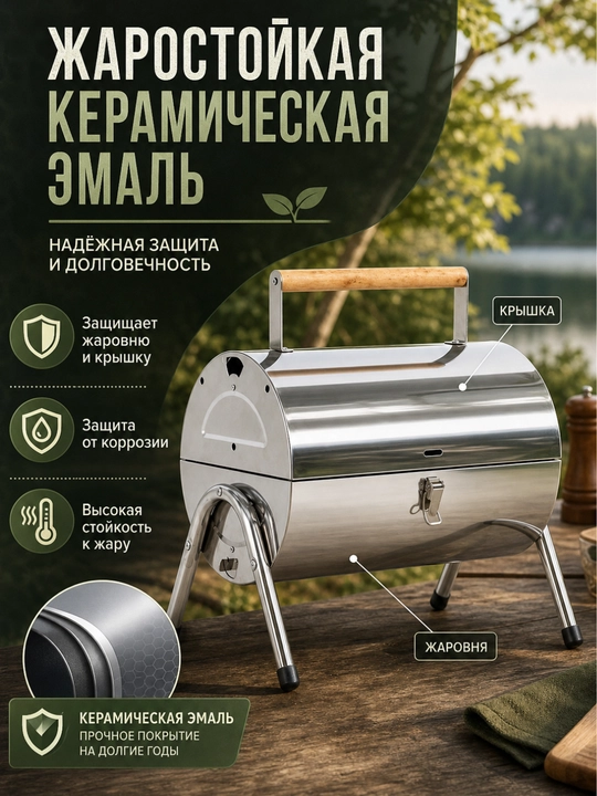 Гриль угольный AIKO, магнал, барбекю, уличный, с термомитром, на колесах, переносной
