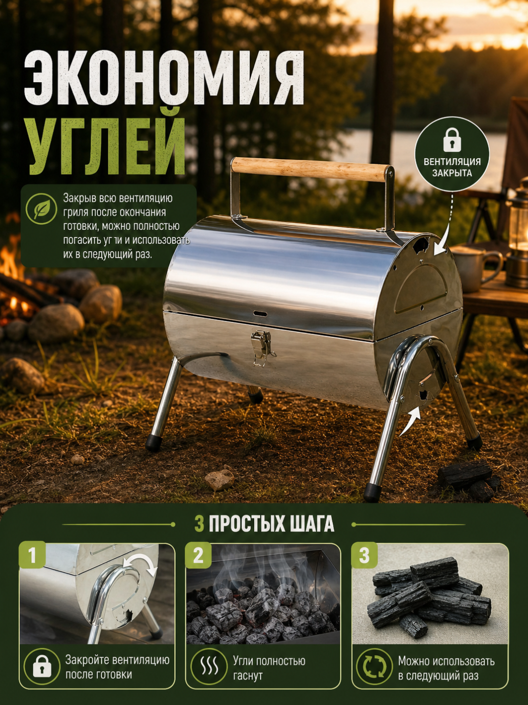 Гриль угольный AIKO, магнал, барбекю, уличный, с термомитром, на колесах, переносной