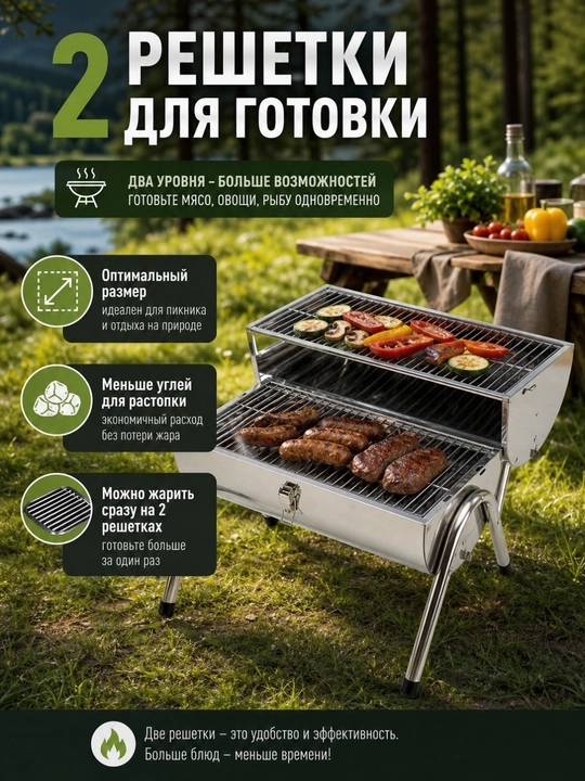 Гриль угольный AIKO, магнал, барбекю, уличный, с термомитром, на колесах, переносной