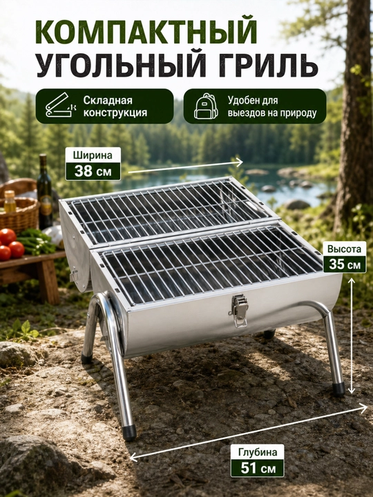 Гриль угольный AIKO, магнал, барбекю, уличный, с термомитром, на колесах, переносной