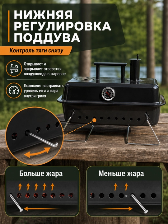 Гриль угольный AIKO, магнал, барбекю, уличный, с термомитром, на колесах, переносной