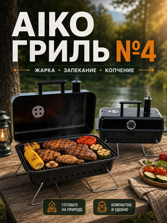Гриль угольный AIKO, магнал, барбекю, уличный, с термомитром, на колесах, переносной - 