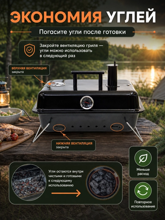 Гриль угольный AIKO, магнал, барбекю, уличный, с термомитром, на колесах, переносной