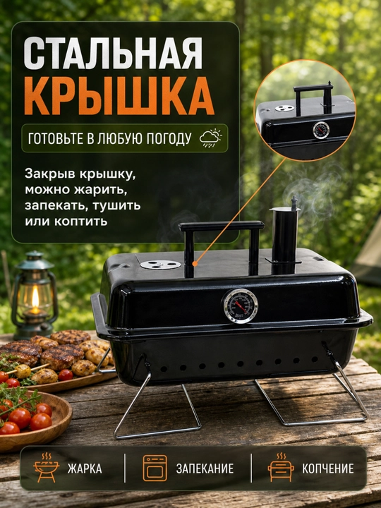 Гриль угольный AIKO, магнал, барбекю, уличный, с термомитром, на колесах, переносной