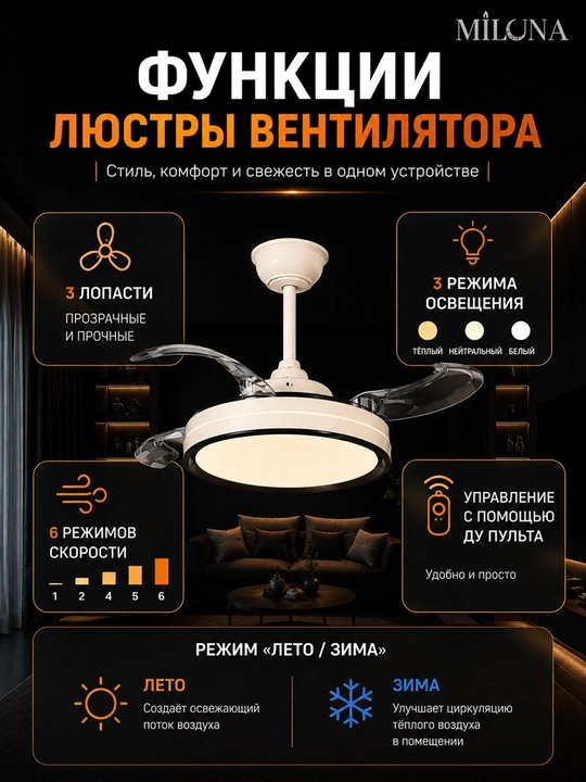Люстра с вентилятором потолочная подвесная LED, 3 режима света, 6 скоростей вентилятора