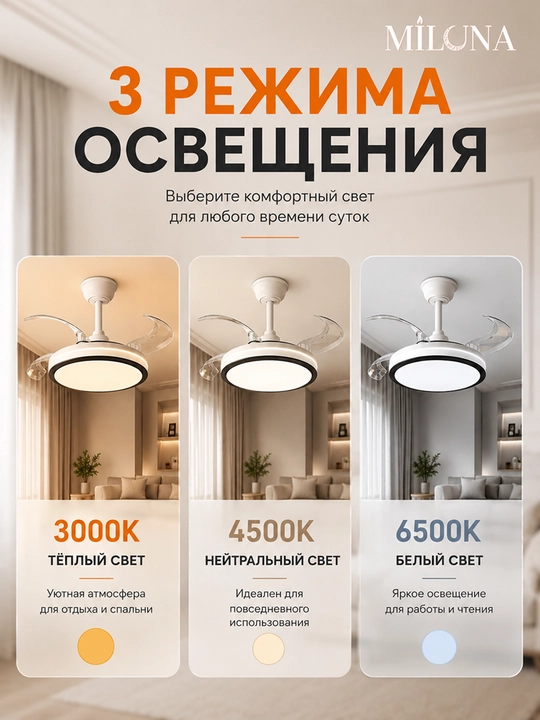 Люстра с вентилятором потолочная подвесная LED, 3 режима света, 6 скоростей вентилятора